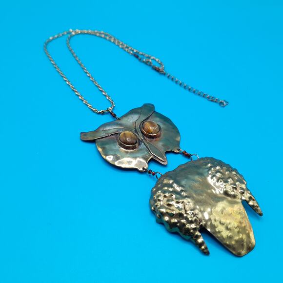 Owl Pendant Gemstone Eyes Necklace, Brass Metal, Gold Tone Chain - Picture 6 of 11